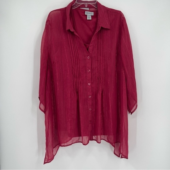MAGGIE BARNES FOR CATHERINES Maroon LINED Button Up TOP SIZE 2X Metallic - Picture 12 of 12